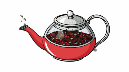 Poster - A metal infuser filled with dried herbs and es dangles from the rim of a teapot the water slowly turning a deep red as the flavors infuse. The tea has. Cartoon Vector