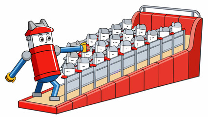 Poster - A metal fence surrounded by rows of seats filled with cheering spectators as a player in a red jersey slides into a base narrowly avoiding the glove. Cartoon Vector