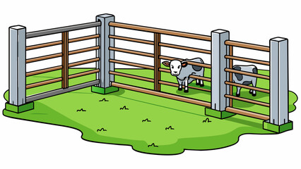 Poster - A metal cattle gate made of sy bars and horizontal crosspieces allowing access to a grassy field full of grazing cows.. Cartoon Vector