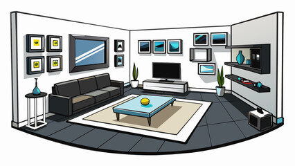 Poster - A modern apartment featuring a sleek black leather sectional a glossy white TV stand with integrated LED lights and a geometric print rug. The walls. Cartoon Vector