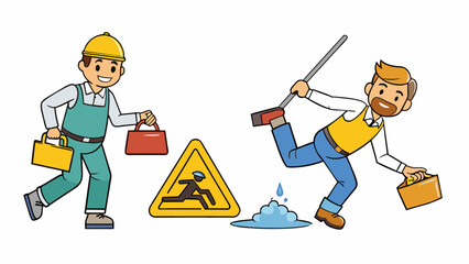 Aufkleber - A mock scenario of an employee slipping and falling on a wet floor with a trainer pointing out the hazards and discussing ways to prevent accidents. Cartoon Vector
