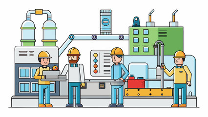 Poster - A modern sleek factory with hightech equipment and automated machines where engineers and technicians work together to create precisionengineered. Cartoon Vector