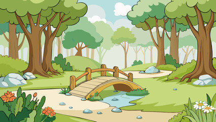 Poster - A misty forest glade with towering trees creating a canopy overhead. A small wooden bridge crosses over a babbling brook leading to a clearing in the. Cartoon Vector