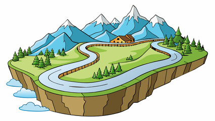 Poster - A mountainous road carved into the side of a steep cliff offering breathtaking views of the sprawling valleys below. The road is treacherous with. Cartoon Vector