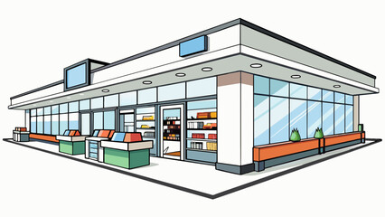 Fototapete - A modern stateoftheart grocery store with sleek glass walls and a glossy white interior. The shelves are stocked with meticulously arranged products. Cartoon Vector