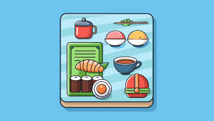 Poster - A modern sushi menu with a sleek design and a sleek font. The background is a muted blue with illustrations of different types of sushi rolls sashimi. Cartoon Vector
