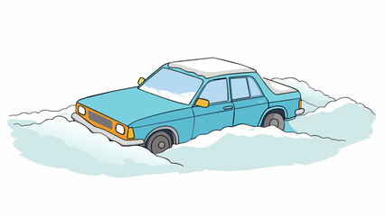 Poster - An abandoned car now buried in piles of snow sits stranded on a deserted highway during a blizzard. The wind has created snowdrifts around the car. Cartoon Vector