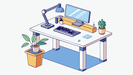 Poster - A modern workstation features a sleek adjustable standing desk that can be used while standing or sitting. It also has a monitor arm that allows the. Cartoon Vector