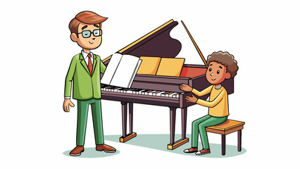 Aufkleber - A music lesson session where a student is sitting in front of a piano practicing scales and notes. The piano is a grand piano with a glossy black. Cartoon Vector