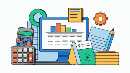 Fototapete - An accounting software designed for small businesses to handle finances and keep track of expenses. Its main features include budget creation. Cartoon Vector