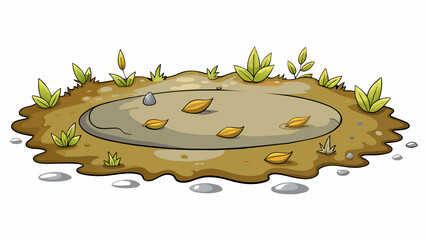 Aufkleber - A muddy puddle reflecting the grey sky above with clumps of dried leaves and grass floating on its surface. It is surrounded by patches of dry cracked. Cartoon Vector