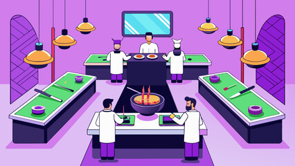 Aufkleber - A modern sushi restaurant with sleek black tables and vibrant purple chairs. The walls are lined with bamboo and there is a subtle scent of incense in. Cartoon Vector
