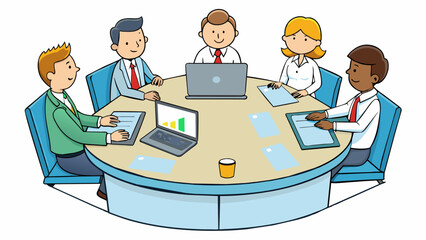 Poster - A multinational team of exeives sitting around a conference table discussing strategy and making plans using laptops and presentation slides.. Cartoon Vector