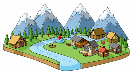 Poster - A mountain town nestled in the midst of towering peaks and lush forests. The main street is bustling with hikers and tourists and quaint wooden cabins. Cartoon Vector