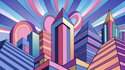 Fototapete - An abstract painting of a cityscape with bold geometric shapes and electric contrasting colors. The buildings appear tall and angular with sharp edges. Cartoon Vector