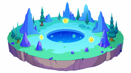 Poster - A mystical and ethereal lake hidden deep within a mystical forest. The water is an otherworldly blue with small glowing orbs bobbing on its surface.. Cartoon Vector