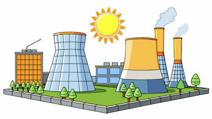 Wall Mural - A network of tall cylindrical towers surrounded by a fencedin yard the sun glinting off their shiny metal surfaces. These towers are part of a nuclear. Cartoon Vector