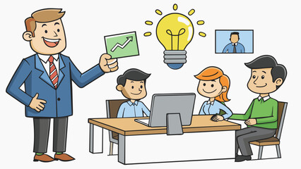 Aufkleber - A new employee at a company suggesting a more efficient way to complete a task during a team meeting. They show creativity and innovation by offering. Cartoon Vector