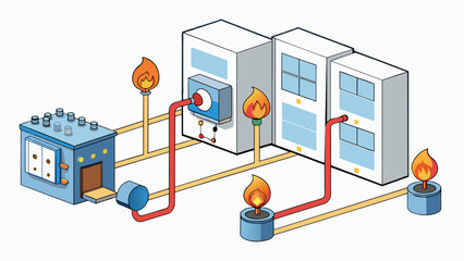 Fototapete - A network of pipes running throughout a building connected to a central control panel. When a fire is detected the control panel activates the system. Cartoon Vector