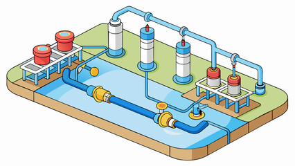 Fototapete - A network of pipes and valves in a water treatment plant distributing clean safe water to homes and businesses in the area. The pipes are carefully. Cartoon Vector