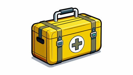 Poster - An industrial first aid kit with a bright yellow exterior and a bold black cross. It is stocked with heavyduty items like a tourniquet ammonia. Cartoon Vector
