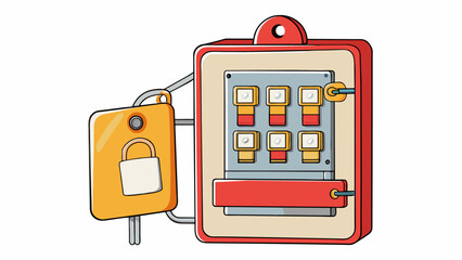 Poster - An electrical panel with a lockout device that completely covers the circuit breakers and prevents them from being turned on. The device also has a. Cartoon Vector