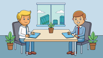 Poster - An employer and employee sitting across from each other in a conference room discussing salary and benefits as they try to come to a mutually. Cartoon Vector