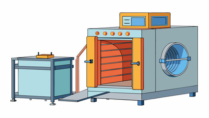 Fototapete - An industrial oven used for powder coating larger metal objects such as car parts. The oven has a swinging door and is equipped with a grated platform. Cartoon Vector