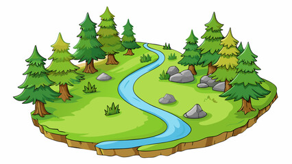 Fototapete - An image of a rugged hiking trail winding through a lush forest with towering trees and a gentle babbling brook.. Cartoon Vector