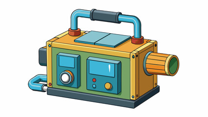 Poster - An industrial pump made of durable plastic about the size of an average toolbox. It has a flat rectangular base with a tall cylindrical chamber. Cartoon Vector