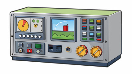 Fototapete - An industrial control panel with a robust builtin computer system. It has a rugged metal casing with a wide viewing window displaying realtime data. Cartoon Vector