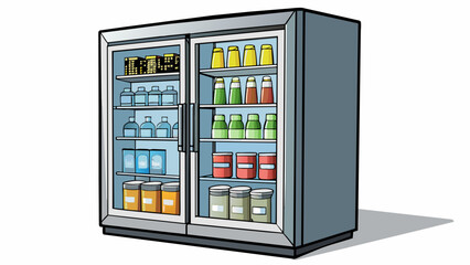 Poster - An industrialsized stainless steel refrigerator with glass doors displaying rows of neatly organized food and beverage items inside.. Cartoon Vector