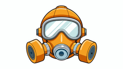 Poster - An orange fullface respirator with two round clear plastic cartridges on either side of the face. The mask has adjustable ss and a rubber seal around. Cartoon Vector