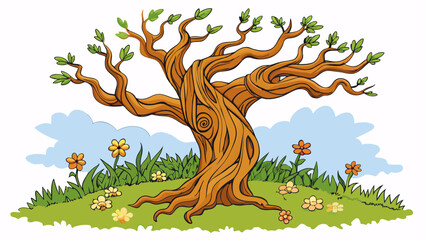 Aufkleber - An old weathered tree stands tall amidst a field of wildflowers its thick trunk gnarled and twisted with age. Its branches reach out in all directions. Cartoon Vector