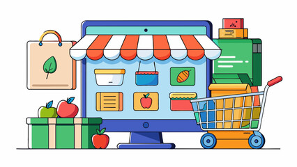 Sticker - An online grocery delivery service offering a wide range of items on their website. Customers can browse through a virtual store add products to their. Cartoon Vector