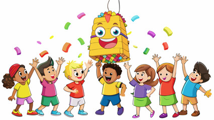 Poster - An overflowing pi ata filled with candy and toys hanging above a group of eager kids with outstretched arms bouncing on their toes and chanting for. Cartoon Vector