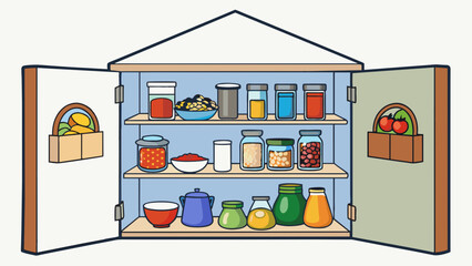 Poster - A pantry in a cozy home neatly stocked with jars of homemade canned goods baskets of fresh produce and bags of dry ingredients. Everything is stored. Cartoon Vector