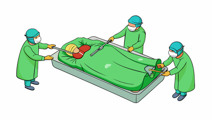 Poster - A patients body is dd with a green surgical cloth leaving only the area being operated on exposed. The surgeons hands move deftly as they use a. Cartoon Vector