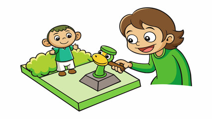 Poster - A parent hands their child a foam stamp in the shape of a playful monkey. The little one dips the stamp in a vibrant green paint and excitedly presses. Cartoon Vector