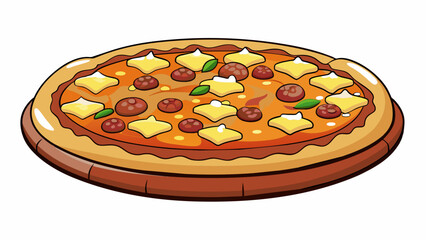 Poster - A personalsized round pizza with a thick crust smothered in zesty BBQ sauce tender chunks of pulled pork and sweet and tangy pineapple.. Cartoon Vector