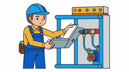Poster - A person wearing a blue work vest leans into a metalframed machine carefully examining the wires and connectors with a small flashlight. They make. Cartoon Vector