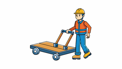 Wall Mural - A person using a dolly to transport heavy equipment from one part of a construction site to another. The dolly has a flat platform and sy wheels and. Cartoon Vector