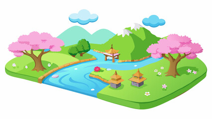Aufkleber - A picturesque landscape of lush green hills and a peaceful river surrounded by blooming cherry blossom trees. The scene exudes a serene and abundant. Cartoon Vector