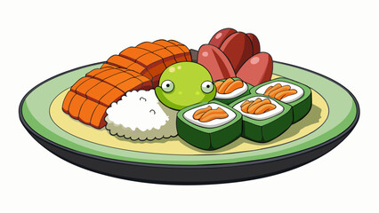 Poster - A plate of sushi displays a variety of textures and flavors from creamy avocado to chewy octopus to crispy tempura. Each piece is carefully crafted. Cartoon Vector
