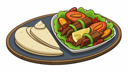 Fototapete - A plate of sizzling fajitas with strips of marinated meat and saut ed peppers and onions. The meat is perfectly charred and tender and the vegetables. Cartoon Vector