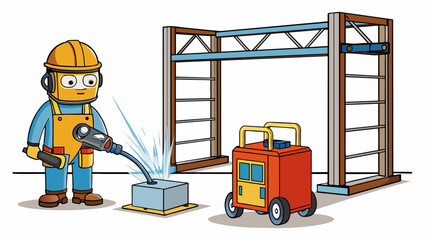 Poster - A portable welding machine is brought to a construction site where it is used to join steel beams together. The joints are reinforced and strengthened. Cartoon Vector