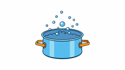 Canvas Print - A pot of boiling water on a stove with tiny bubbles rising to the surface and bursting. The water is hot and releases steam into the air filling the. Cartoon Vector