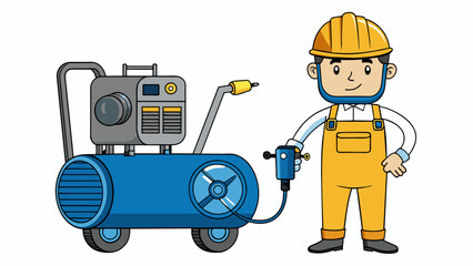 Fototapete - A portable compressor is being used by a construction worker on a job site. It is small and compact with a black handle and wheels for easy. Cartoon Vector