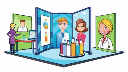 Poster - A popup display at a trade show showcasing a new skincare product. The display is set up with vibrant visuals and handson demonstrations so that. Cartoon Vector