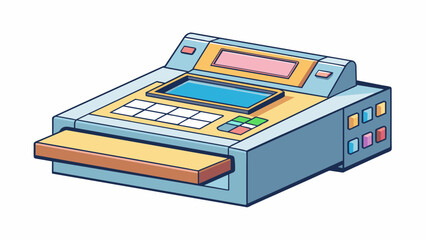 Aufkleber - A printer unexpectedly stops working midprint requiring reactive maintenance to fix. The object is a rectangular box with buttons and screens. Cartoon Vector